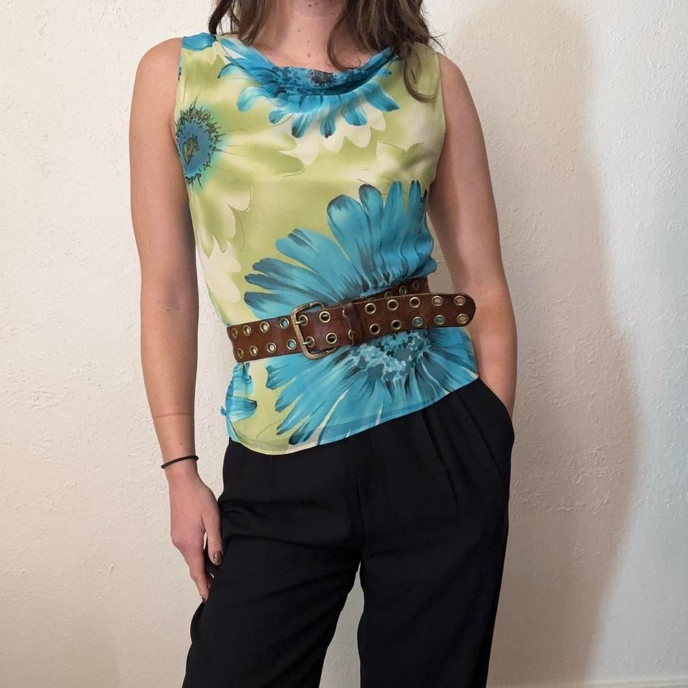 Vintage Y2K Green and Blue Floral Cowl Neck Tank